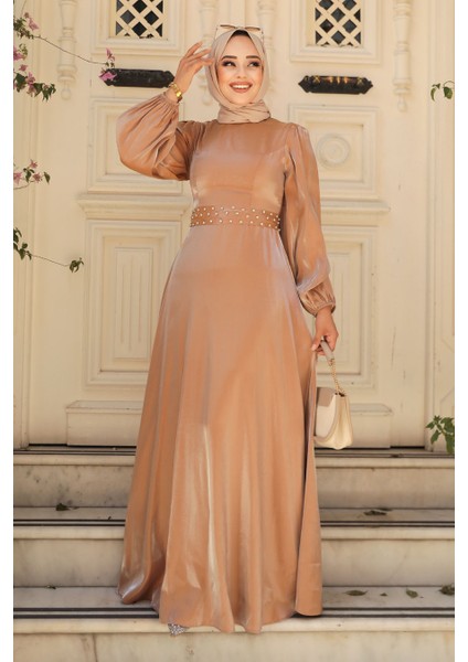 Boncuk Detaylı Camel Tesettür Abiye Elbise 23301C
