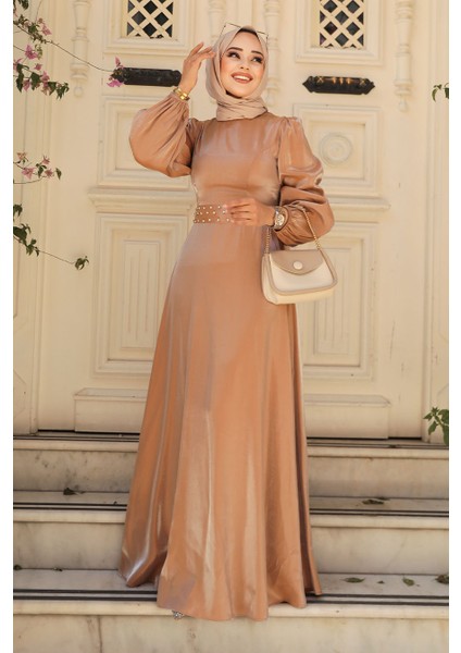 Boncuk Detaylı Camel Tesettür Abiye Elbise 23301C