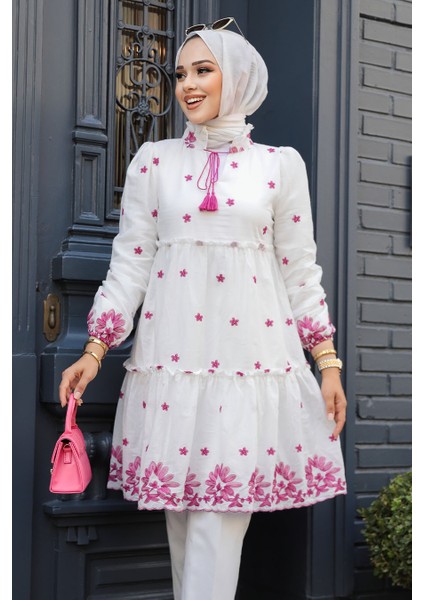 Desenli Mürdüm Tesettür Tunik 13821mu