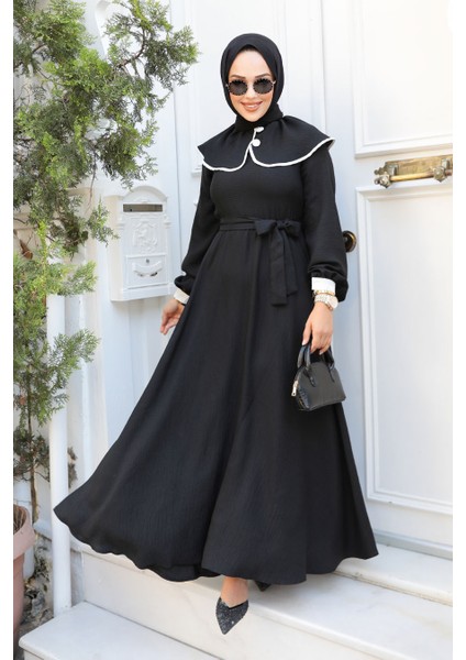 Bebe Yaka Siyah Tesettür Elbise 60881s
