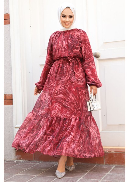 Desenli Bordo Tesettür Elbise 60941br