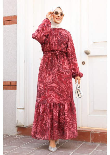 Desenli Bordo Tesettür Elbise 60941br