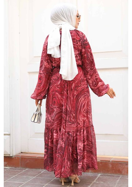 Desenli Bordo Tesettür Elbise 60941br