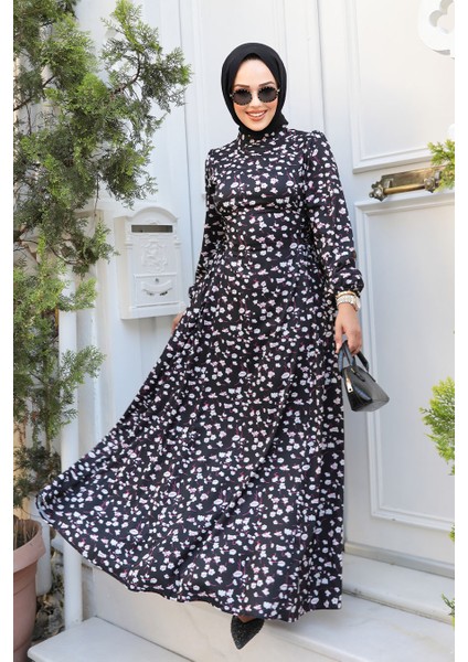 Çiçek Desenli Siyah Tesettür Elbise 61071S