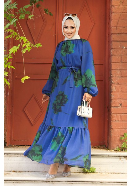 Çiçek Desenli Indigo Mavisi Tesettür Elbise 60942ım