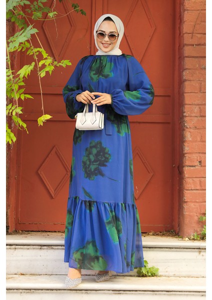 Çiçek Desenli Indigo Mavisi Tesettür Elbise 60942ım