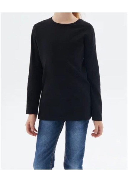 Kız Çocuk Bisiklet Yaka Uzun Kollu Body Siyah 9-10 Yaş