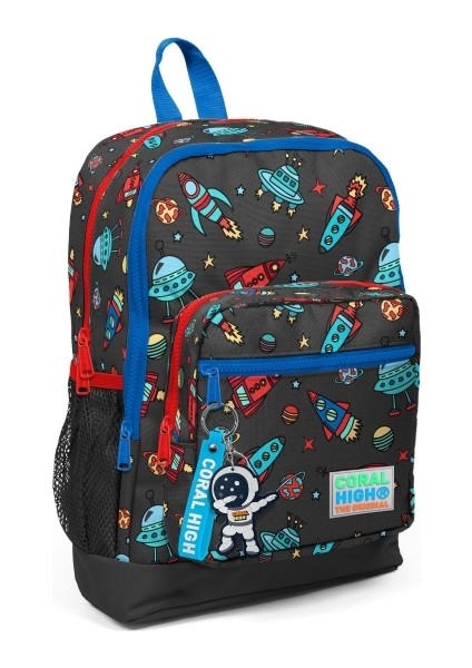 Kids Koyu Gri Kırmızı Uzay Desenli Dört Bölmeli Okul Sırt Çantası 23469