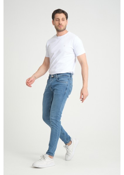 Erkek Orta Mavi Destroy Skinny Fit Pantolon
