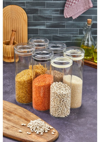 Yuvarlak Kapaklı Vakumlu Borosilikat 29 cm 6 Adet Cam Kavanoz Cam Erzak Saklama Kabı