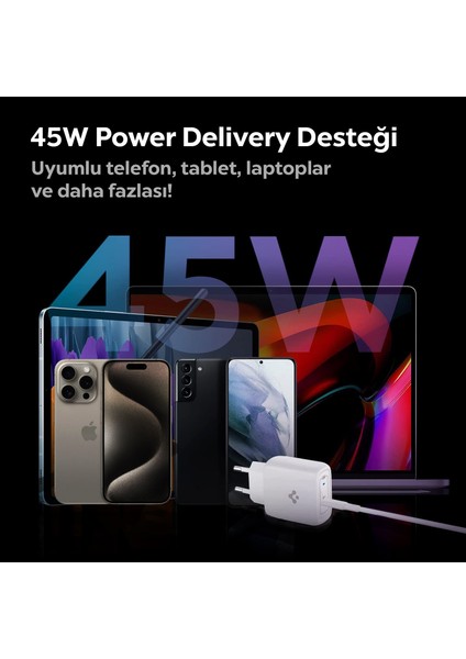 45W GaN USB-C Adaptör + USB-C Örgü Şarj Kablo - Samsung PPS 2.0 Destekli Hızlı Şarj Aleti ve Super Hızlı Şarj Destekli Kablo iPhone & Android & iPad & MacBook Type-C PE2015 White - ACH02589