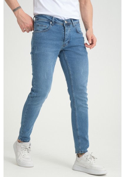 Erkek Orta Mavi Destroy Skinny Fit Pantolon