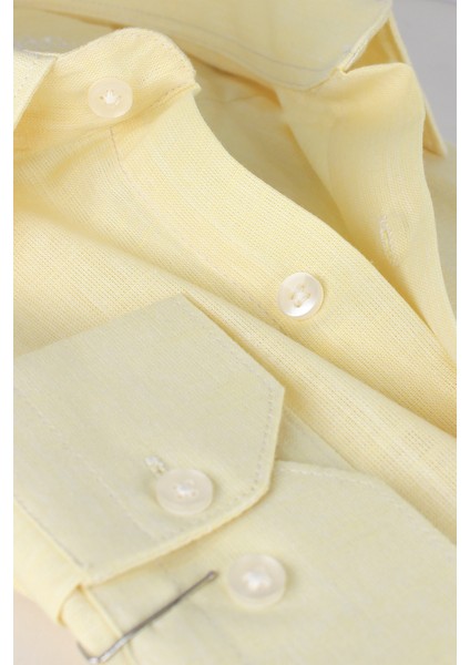 Erkek Sarı Uzun Kollu Keten Efektli Cepli Pamuklu Gömlek fırsatları