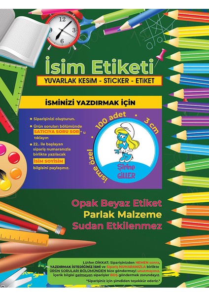 Okul Etiketi Kalem Defter Etiketi Şirinler V2 Etiketi 100 Adet 3 cm Opak Sticker modelleri