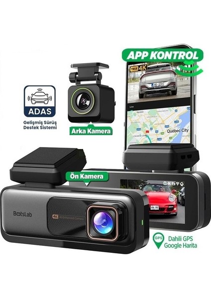 G980H ADAS 4K UHD Ön ve Arka Araç İçi Kamera 170° Geniş Açı Lens Gece Görüşü Dahili Gps Modülü 64GB SD