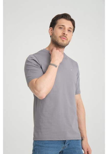 Erkek Gri Bisiklet Yaka T-Shirt Rahat Kalıp Regular %100 Pamuk fiyatları