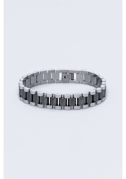 Unisex Rolex Tasarım Model Kararmaz Gümüş-Siyah Çelik Bileklik