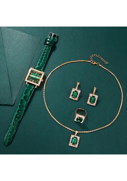 Kadın Vintage Kare Kuvars Saat Analog ve Kolye+Küpe+Yüzük Takı Seti, 5 Adet/takım