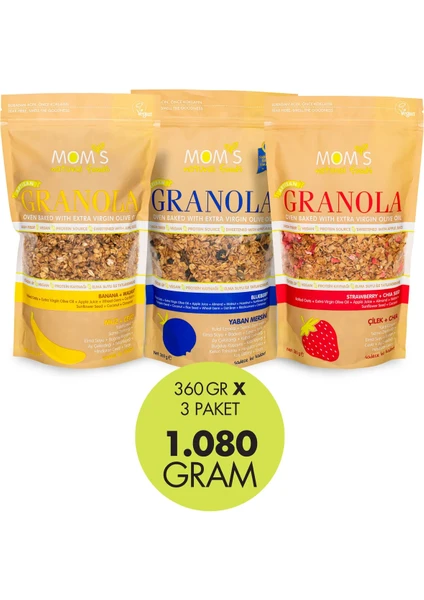 Mom's Natural Foods 3'lü Granola Muz-Ceviz 360 gr / Yaban Mersini 360 gr / Çilek-Chia 360 gr