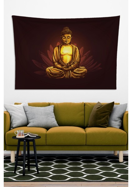 Pamuklu Buddha Meditasyon Duvar Örtüsü 150 x 100 cm Turuncu Dikdörtgen