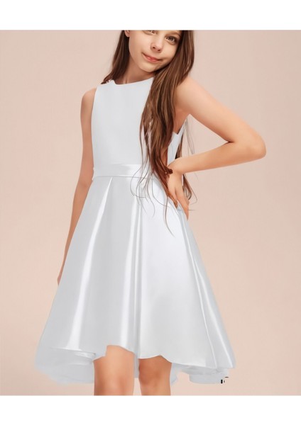 Kız Çocuk Beyaz Zarif Kısa Asimetrik Elbise Doğum Günü Balo Mezuniyet Elbise modelleri