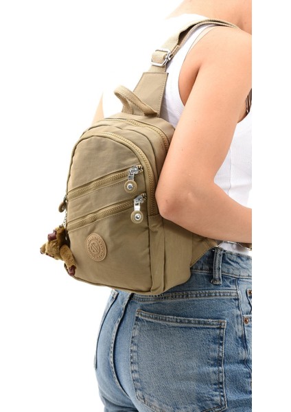 Unisex Kırinkıl Kumaş Suya Dayanıklı Ayarlanabilir Askılı Çok Bölmeli Bej Renkli Omuz Çanta Body Bag