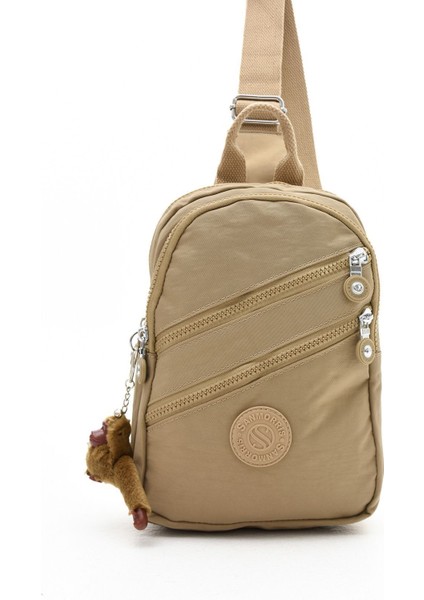 Unisex Kırinkıl Kumaş Suya Dayanıklı Ayarlanabilir Askılı Çok Bölmeli Bej Renkli Omuz Çanta Body Bag