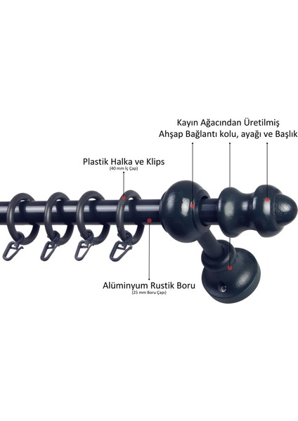 Raysız Ahşap Klasik Rustik Perde Askısı (Alüminyum Boru) Halka ve Klips