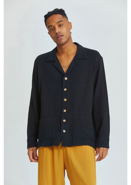 Oversize Küba Yaka Uzun Kollu Gömlek Siyah