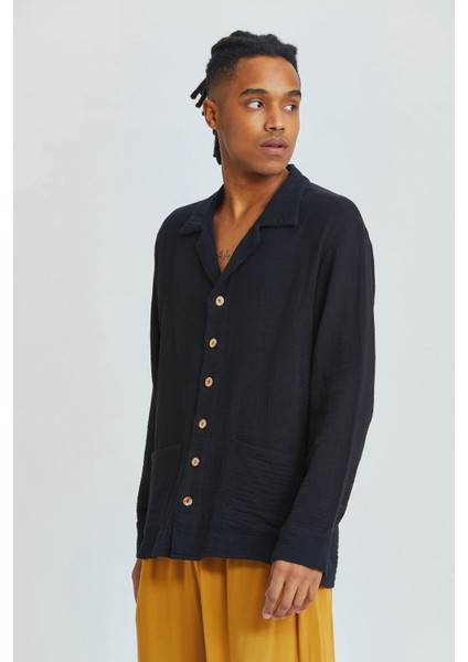 Oversize Küba Yaka Uzun Kollu Gömlek Siyah modelleri