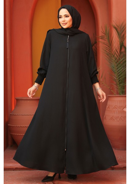 Fermuarlı Siyah Tesettür Abaya 26302S