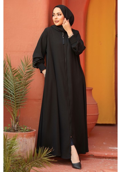 Fermuarlı Siyah Tesettür Abaya 26302S fiyatları