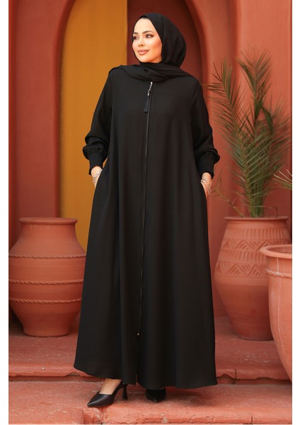 Fermuarlı Siyah Tesettür Abaya 26302S fırsatları