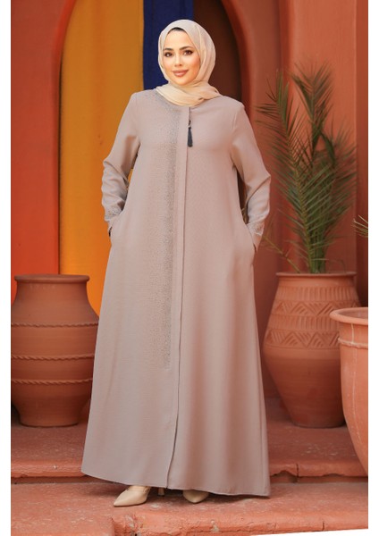 Boncuk Detaylı Bej Tesettür Abaya 26331BEJ