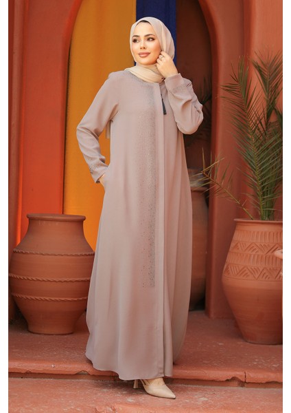 Boncuk Detaylı Bej Tesettür Abaya 26331BEJ fiyatları