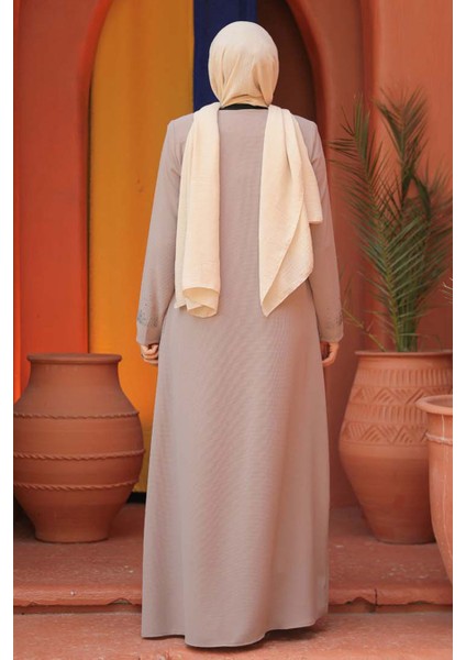 Boncuk Detaylı Bej Tesettür Abaya 26331BEJ modelleri
