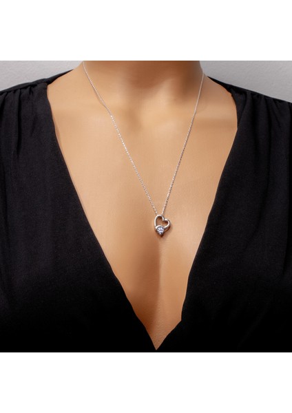 Swarovski Tek Taş Kalpli Gümüş Kadın Kolye, 925 Ayar Gerçek Gümüş, Kubik Zirkon