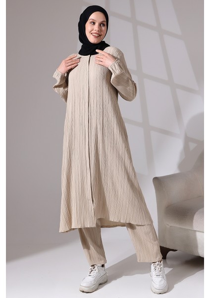 Kadın Bürümcük Kumaş Gizli Fermuarlı Ikili Takım Hac Umre Kıyafeti Bej modelleri