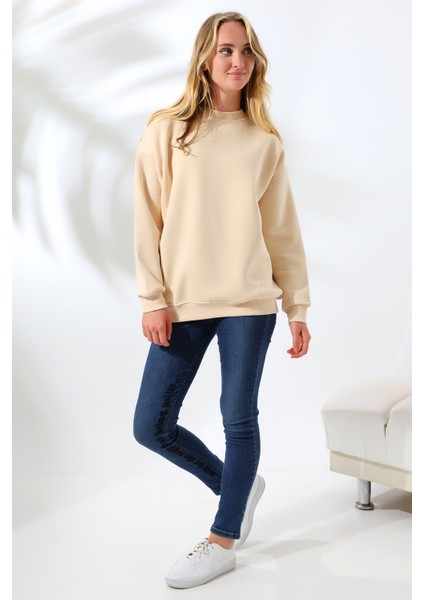 Şardonlu Bisiklet Yaka Oversize Sweatshirt 21620 Taş