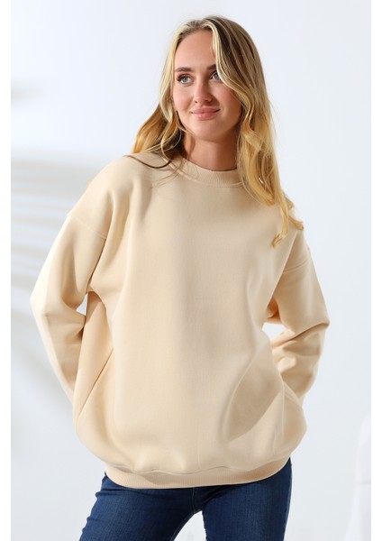 Şardonlu Bisiklet Yaka Oversize Sweatshirt 21620 Taş modelleri