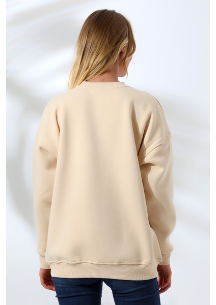 Şardonlu Bisiklet Yaka Oversize Sweatshirt 21620 Taş fırsatları