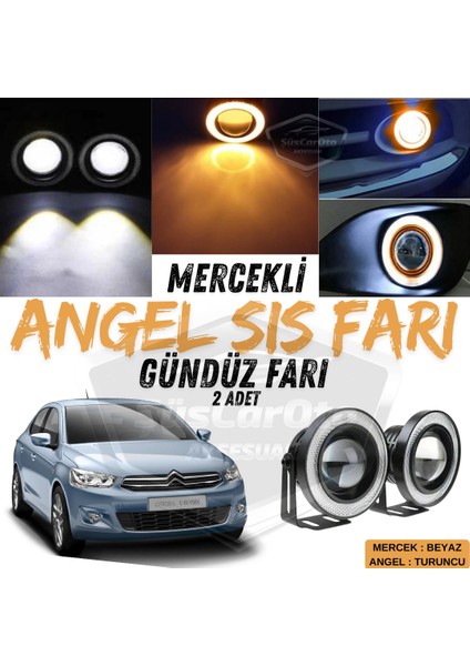 Citroen C Elysee 2012-2023 Uyumlu Üniversal Mercekli Angel Sis Farı Metal Su Geçirmez 76 mm Turuncu Halkalı Gündüz Farı Angel Eyes 2 Adet