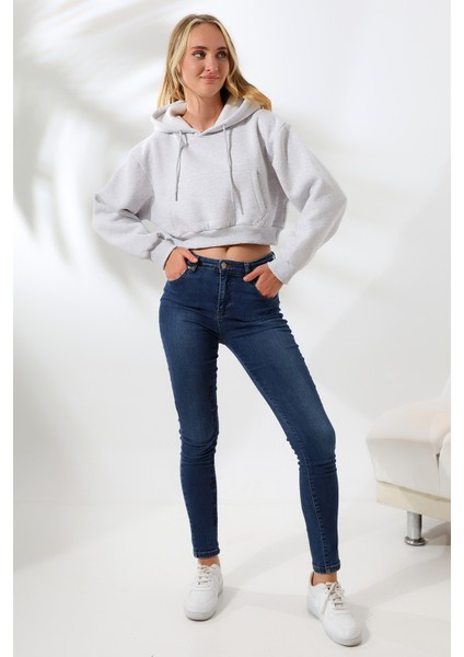 Kapüşonlu Şardonlu Crop Geniş Kalıp Sweatshirt 21653 Karmelanj