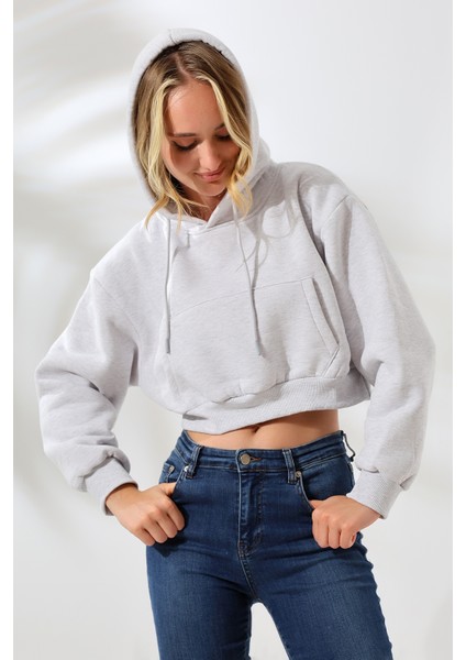 Kapüşonlu Şardonlu Crop Geniş Kalıp Sweatshirt 21653 Karmelanj fiyatları