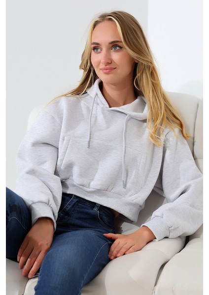 Kapüşonlu Şardonlu Crop Geniş Kalıp Sweatshirt 21653 Karmelanj modelleri