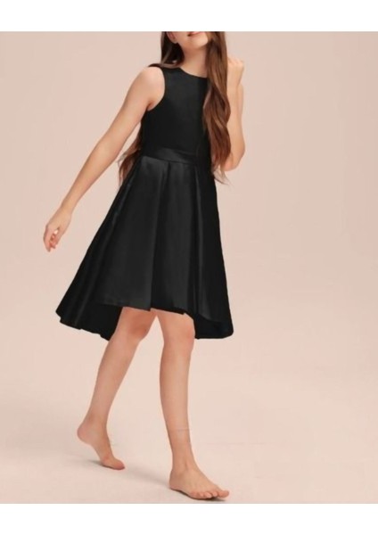 Kız Çocuk Siyah Zarif Kısa Asimetrik Elbise Doğum Günü Balo Mezuniyet Elbise