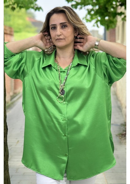 Yagmur Beren Oversıze Kesim Ekstra Büyük Beden Saten Gömlek Fıstık Yeşili