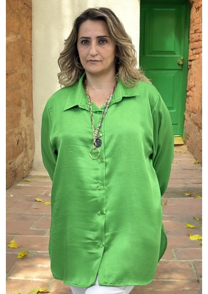 Yagmur Beren Oversıze Kesim Ekstra Büyük Beden Saten Gömlek Fıstık Yeşili fiyatları