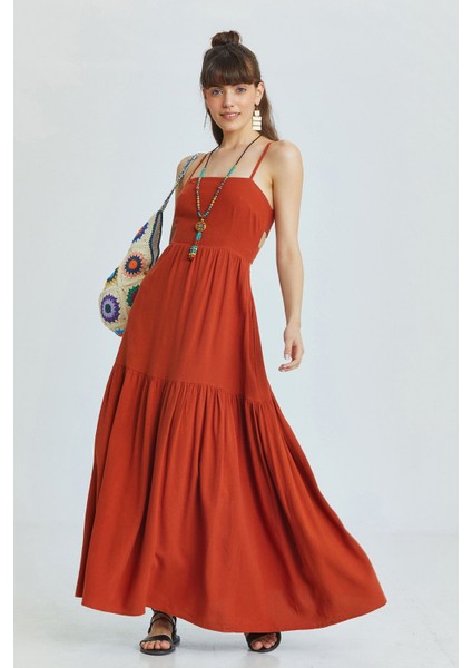 Sırt Dekolteli Midi Boy Elbise Kiremit