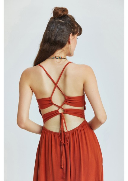 Sırt Dekolteli Midi Boy Elbise Kiremit fiyatları